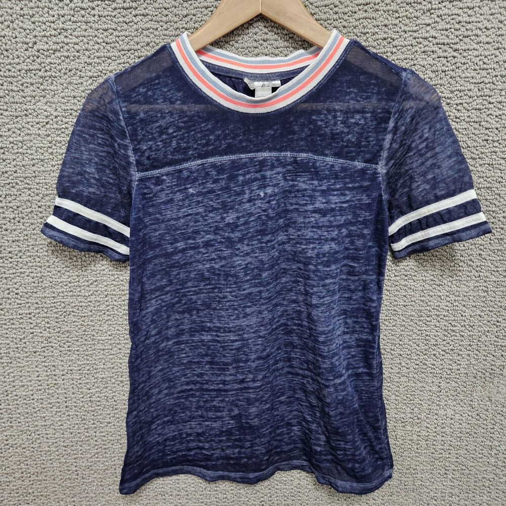 JUST BE Women’s Blue Burnout Knit Top Contrast Trim Short Sleeve Size M